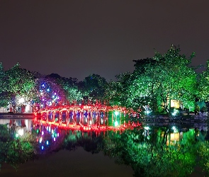 Noc, Drzewa, Hanoi, Wietnam, Rzeka, Mostek