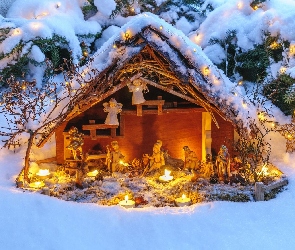 Szopka, Śnieg, Oswietlenie, Bożonarodzeniowa