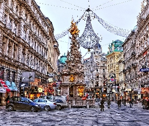 Wiedeń, Austria, Ludzie, Pomnik, Budynki, Samochody, Ulica