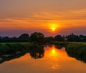 Słońca, Drzewa, Łąki, Rzeka, Zachód