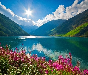 Jezioro, Góry, Słońca, Kwiaty, Promienie, Chmury