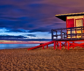 Słońca, Zachód, Stanowisko, Plaża, Ratownika, Morze