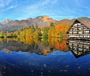 Hotel, Jesień, Góry, Lasy, Jezioro