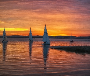 Słońca, Zachód, Żaglówki, Jezioro