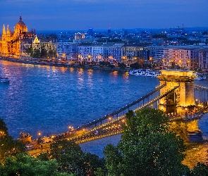 Miasta, Panorama, Rzeka, Zmrok, Budapeszt, Most, Statki