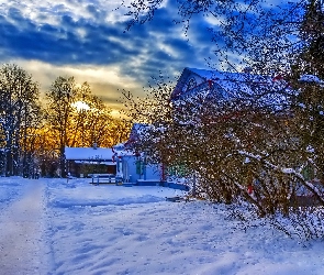 Słońca, Drzewa, Dom, Śnieg, Zachód
