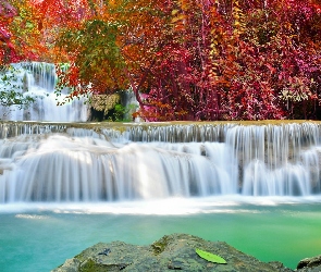 Wodospad, Skały, Jesień, Kolorowe, Liście, Drzewa