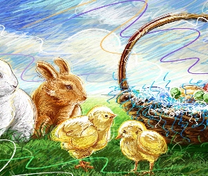 Zajączki, Pisanki, Koszyk, Kurczaki, Wielkanoc