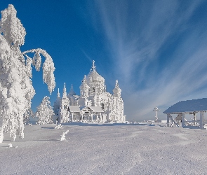 Zima, Cerkiew, Ośnieżone, Drzewa, Śnieg