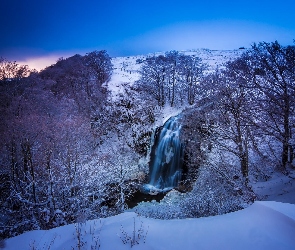 Wodospad, Zima, Góry, Drzewa