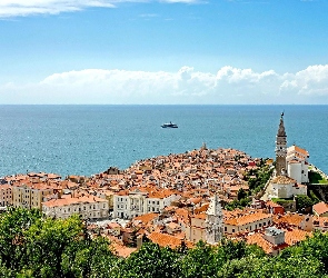 Miasta, Panorama, Morze, Statek