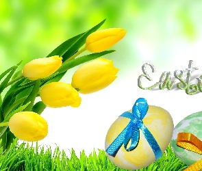 Wielkanoc, Jajka, Tulipany, Napis