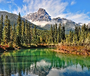 Szczyt, Jezioro, Alpy, Las, Przebijające, Matterhorn, Światło, Mgła