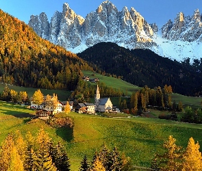 Alpy, Domy, Jesień, Łąki, Zachód, Lasy, Słońca, Kościół