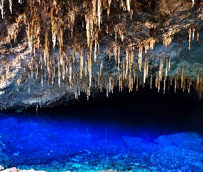 Jezioro, Cave, Jaskinia, Stalaktyty, Lake, Bonito, Blue