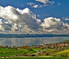 Miasteczka, Łąki, Jezioro, Neuchatel, Panorama