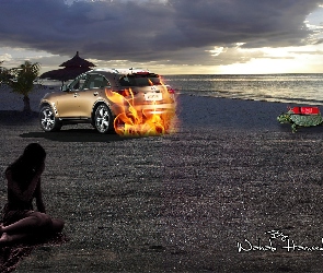Plaża, Morze, Samochód, Ogień