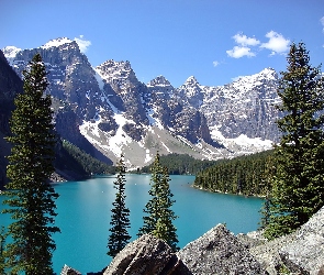 Skały, Jezioro Moraine, Park Narodowy Banff, Świerki, Lasy, Kanada, Góry