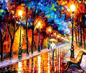 Ulica, Leonid Afremov, Alejka, Lampy, Deszcz, Ławka, Domy