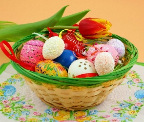Wielkanoc, Serweta, Pisanki, Kolorowe, Tulipan, Koszyk