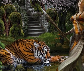 Kobieta, fantasy, Tygrys