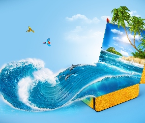 Palmy, Wakacje, Walizka, Lato, Ocean, Papugi