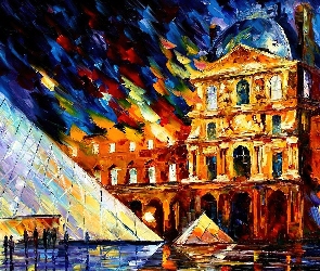 Pałac, Malarstwo, Leonid Afremov, Paryż, Piramida, Muzeum Luwr, Francja, Obraz