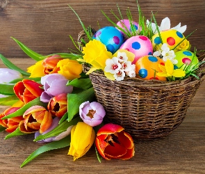 Wielkanoc, Ławka, Kolorowe, Koszyk, Pisanki, Tulipany