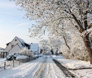 Droga, Drzewa, Domy, Śnieg