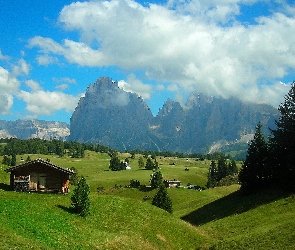 Góry, Chmury, Łąki, Domy, Lasy