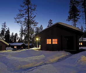 Zima, Domy, Finlandia, Przebijające, Światło, Drzewa