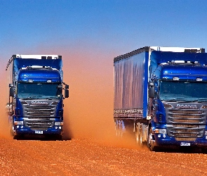 Pył, Droga, Ciężarówki, Scania