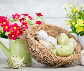 Jajka, Wielkanocna, Kwiaty, Kompozycja, Koszyczek