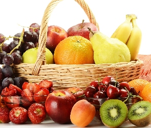 Banany, Owoców, Jabłka, Truskawki, Kosz, Winogrona, Kiwi, Gruszki, Pomarańcze, Wiśnie