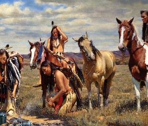 Konie, Indianie, Łąka