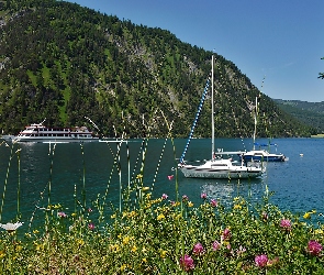 Tyrol, Statek, Achensee, Wycieczkowy, Jachty, Jezioro, Góry, Lasy, Łąka