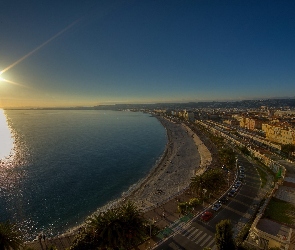 Zachód, Miasto, Ocean, Plaża, Słońca