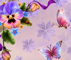 Grafika, Kwiaty, Biedronka, Motyle