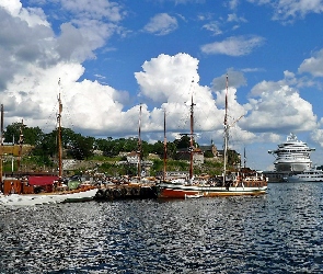 Norwegia, Żaglówki, Wybrzeże, Statek, Domy, Morze, Oslo, Obłoki, Przystań