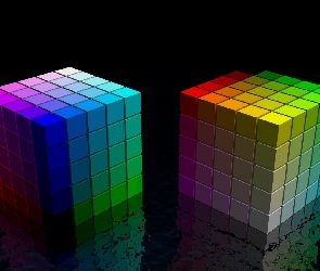 Kolorowe, Odbicie, 3D, Sześciany, Dwa