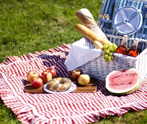 Piknik, Łąka, Pieczywo, Owoce, Alkohol, Kosz