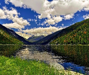 Jezioro, Lasy, Chmury, Góry