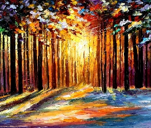 Światło, Olej, Obraz, Leonid Afremov, Las