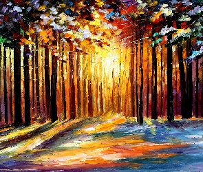 Las, Olej, Leonid Afremov, Obraz, Światło