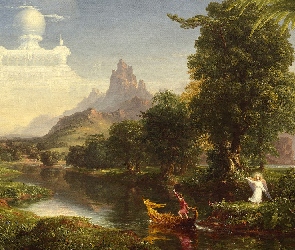 Thomas Cole, Rzeka, Malarstwo, Podróż życia młodość, Łódka, Obraz, Anioł, Zamek
