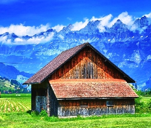 Domy, Austria, Góry, Alpy, Pola