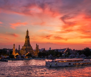 Bankok, Słońca, Wat Arun, Tajlandia, Zachód, Świątynia, Statek