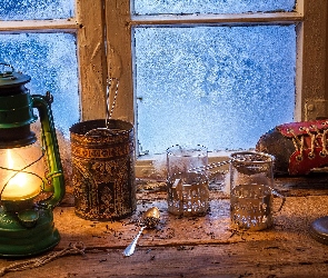 Szklanki, Herbata, Lampa, Łyżwa, Mróz, Kompozycja, Okno
