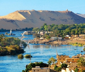 Aswan, Egipt, Drzewa, Rzeka, Pustynia, Łódki, Domy