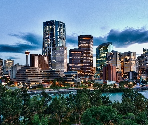 Panorama, Calgary, Drzewa, Rzeka, Bow, Chmury, Miasta